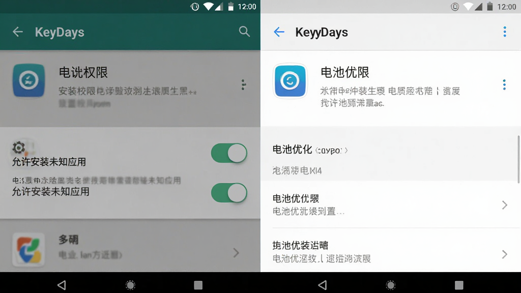 KeyDays在安卓手机上的安装权限设置界面示意图,画面展示手机屏幕中“允许安装未知应用”的开关按钮和电池优化设置页面,布局为左右分栏对比,风格系统设置UI写实风格,细节包括开关状态、应用图标和文字说明,画质清晰,干净,无多余元素