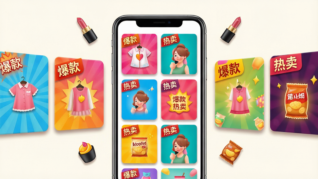 一部智能手机屏幕中展示着排列整齐的带货视频模板封面墙,每个模板封面上带有