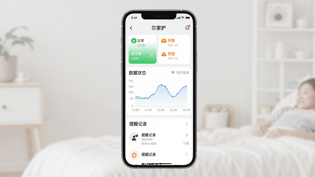 尔家护 实时看护状态同步功能展示图,主体为手机屏幕显示尔家护APP状态监测页面,布局上部为看护对象状态卡片,中部为数据曲线图,下部为提醒记录列表,排版纵向分布,风格简约清爽,细节包含绿色正常状态标识、橙色预警图标、时间轴线条,画质高清干净无多余元素