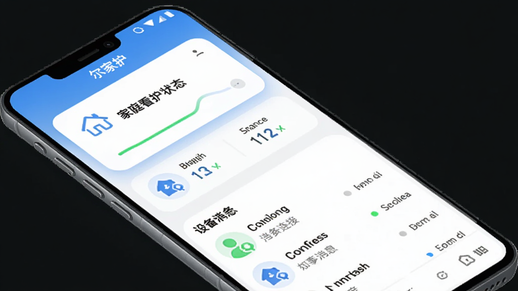 尔家护 软件主界面预览图,主体为一部安卓手机屏幕显示尔家护APP首页,布局上方为家庭看护状态卡片,中部为设备连接状态与消息列表,排版清晰简洁,风格为现代科技感浅色系,细节包含圆角图标、柔和阴影、状态指示灯,画质高清干净无多余元素