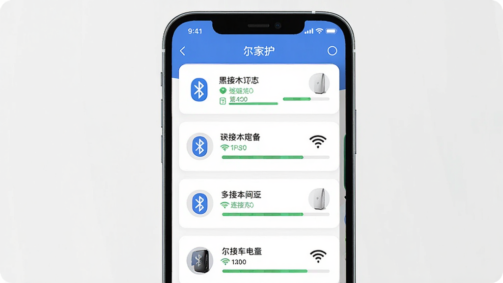 尔家护 多设备管理界面展示图,主体为手机屏幕显示尔家护APP设备列表页面,布局为纵向排列的设备卡片,每张卡片包含设备名称、连接状态图标、电量显示条,排版整齐有序,风格扁平化设计,细节包含蓝牙图标、WiFi图标、设备缩略图,画质高清干净无多余元素