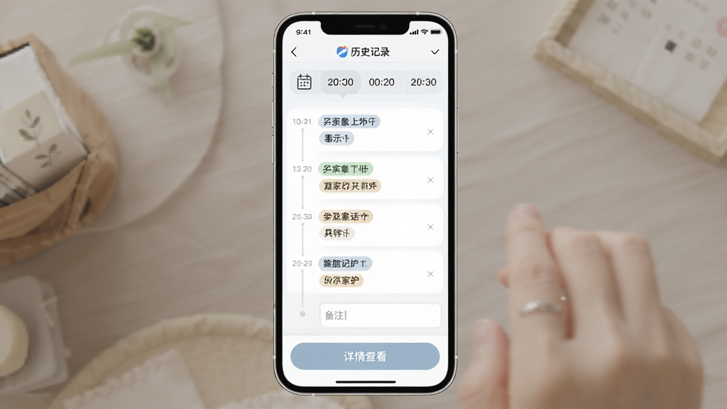 尔家护 历史记录回看功能界面图,主体为手机屏幕显示尔家护APP历史记录页面,布局上部为日期选择栏,中部为事件时间轴列表,下部为详情查看按钮,排版层次分明,风格柔和浅色系,细节包含日历图标、事件类型标签、备注输入框,画质高清干净无多余元素