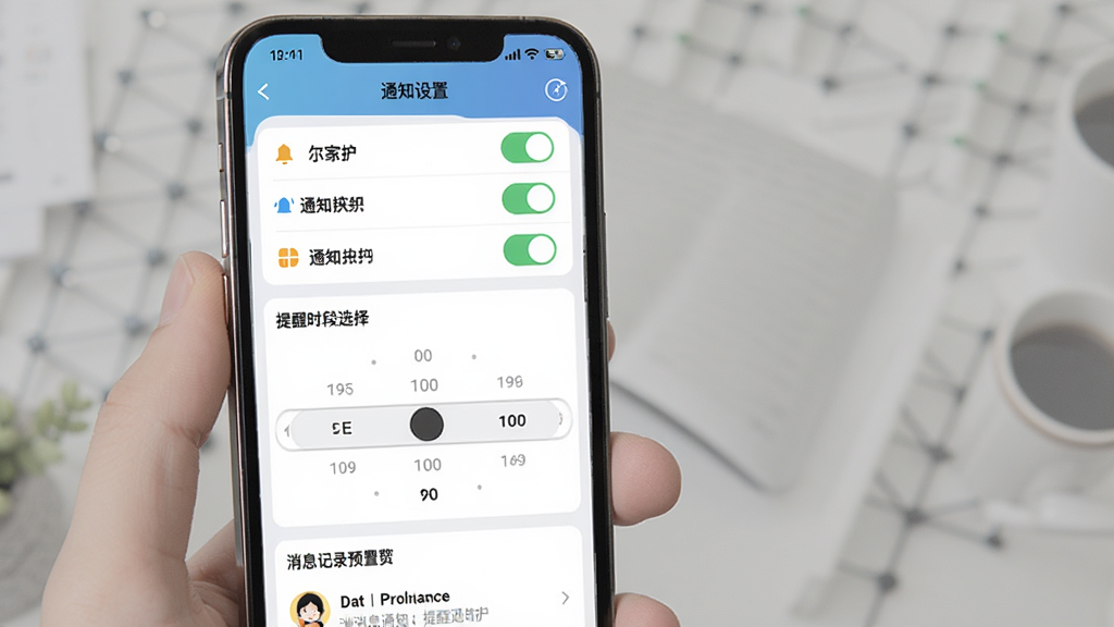 尔家护 消息通知与提醒设置界面图,主体为手机屏幕显示尔家护APP通知设置页面,布局上部为通知开关列表,中部为提醒时段选择器,下部为消息记录预览,排版简洁明了,风格现代简约,细节包含铃铛图标、开关按钮、时间选择滚轮,画质高清干净无多余元素