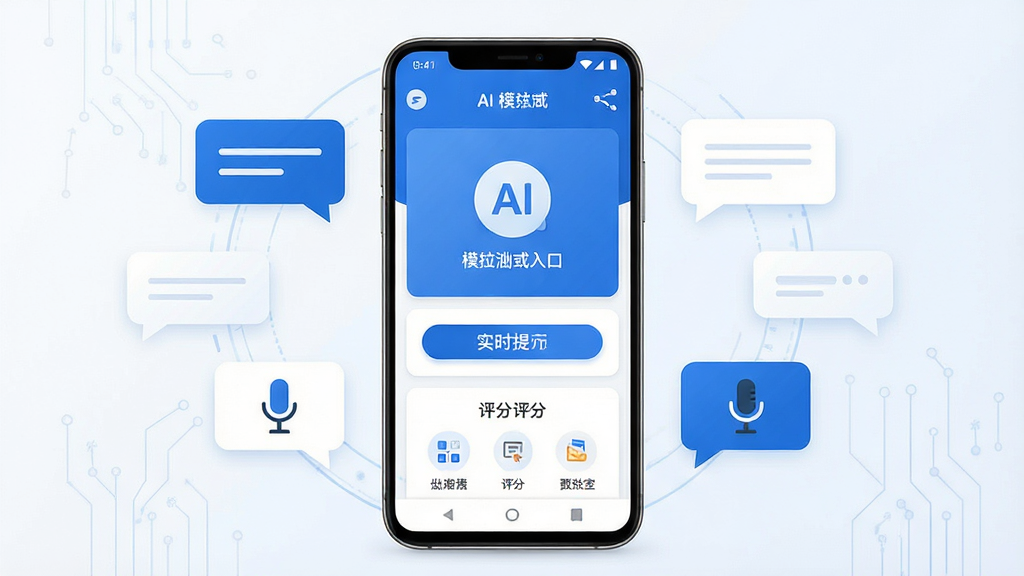 一张展示AI面试手机应用界面的场景图,画面中央是竖直摆放的安卓手机,屏幕内呈现AI面试应用主界面,包含模拟面试入口、实时提示按钮和评分面板等模块,手机周围环绕简洁的对话气泡与麦克风图标,整体采用蓝白科技配色,布局居中对称,风格清爽现代,细节干净利落,画质高清无多余元素