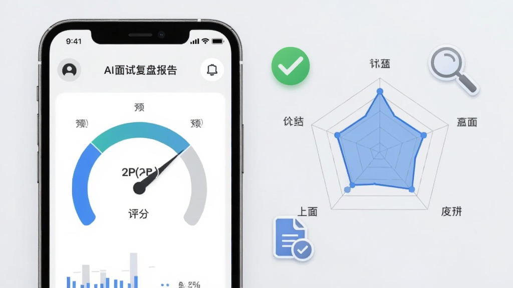 一张AI面试复盘报告功能的展示图,画面为手机屏幕呈现评分仪表盘与雷达图,旁边配有对勾、放大镜和文档图标,整体采用简约商务风格,浅灰与蓝色搭配,布局左侧手机右侧图表,细节清晰,画质干净高清