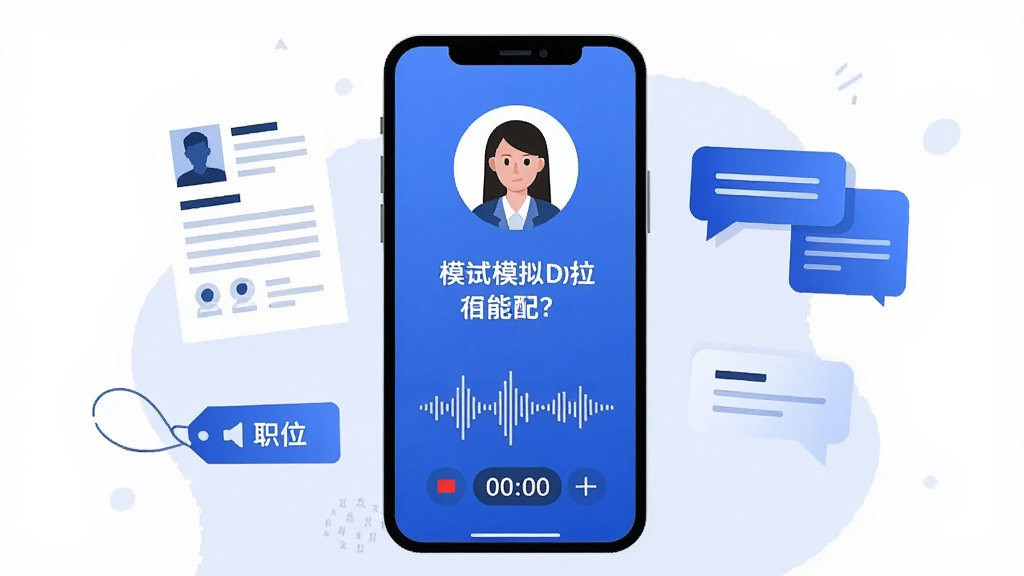 一张AI面试智能模拟功能的宣传图,主体为一部手机展示模拟面试进行中的画面,屏幕上方显示面试官头像与问题文字,下方是录音波形与倒计时,手机旁边漂浮着简历、职位标签和对话气泡等元素,整体采用扁平插画风格,蓝白主色调,构图居中,画面干净清晰,画质高清
