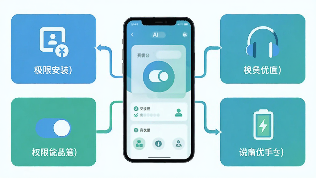 一张AI面试新手使用教程示意图,画面以手机为中心,周围分布安装步骤、权限开关、耳机图标和电池优化图标,采用步骤引导式排版,风格清新扁平,蓝绿配色,细节简洁,画质高清干净