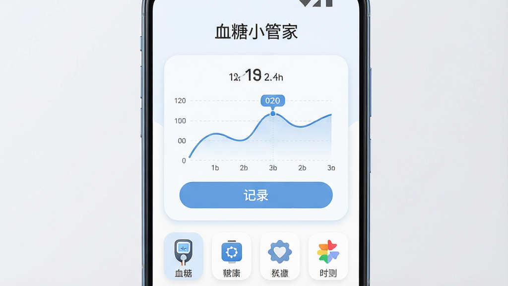 画面主体为一台安卓手机,屏幕显示血糖小管家应用主界面,界面中央有血糖数值曲线图和记录按钮,布局为上下结构,上方是软件名称“血糖小管家”文字,下方是功能图标排列,排版简洁清晰,风格为现代医疗健康类应用UI风格,细节包括柔和的蓝白配色、圆角卡片、血糖仪图标,画质为高清2K,干净,无多余元素