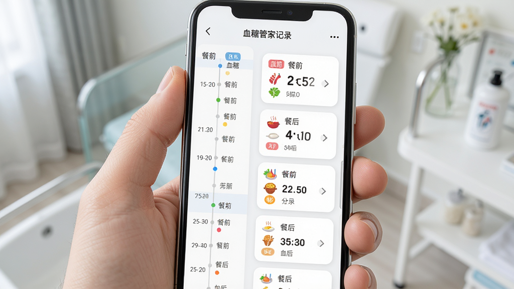 画面主体为一只手拿着手机,手机屏幕显示血糖小管家记录页面,布局为左侧是时间轴列表,右侧是血糖数值卡片,排版为纵向滚动式,风格为清新医疗风,细节包括餐前餐后标签、彩色圆点标记、饮食小图标,画质为高清2K,干净,无多余元素