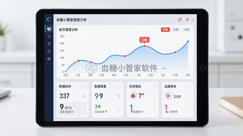 画面主体为平板电脑屏幕,显示血糖小管家趋势分析图表,布局为上方是折线图,下方是数据统计卡片,排版为左右分栏,风格为数据可视化仪表盘风格,细节包括蓝色折线、红色预警点、血糖小管家软件名称水印,画质为高清2K,干净,无多余元素