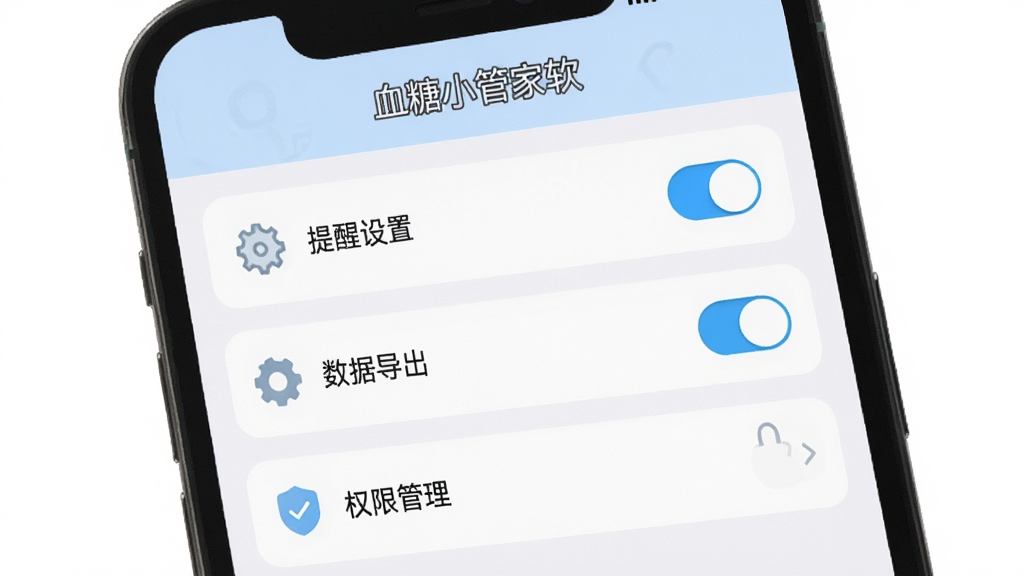 画面主体为手机屏幕显示血糖小管家设置页面,布局为纵向列表,包含提醒设置、数据导出、权限管理选项,排版为清晰分组,风格为极简工具类应用风格,细节包括齿轮图标、开关按钮、血糖小管家软件名称在顶部,画质为高清2K,干净,无多余元素