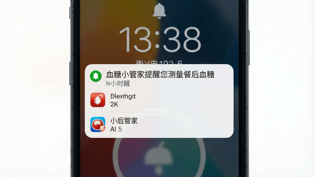画面主体为手机锁屏界面弹出提醒通知,通知内容显示“血糖小管家提醒您测量餐后血糖”,布局为通知卡片居中,排版为简洁列表式,风格为安卓系统通知风格,细节包括铃铛图标、时间显示、血糖小管家应用图标,画质为高清2K,干净,无多余元素