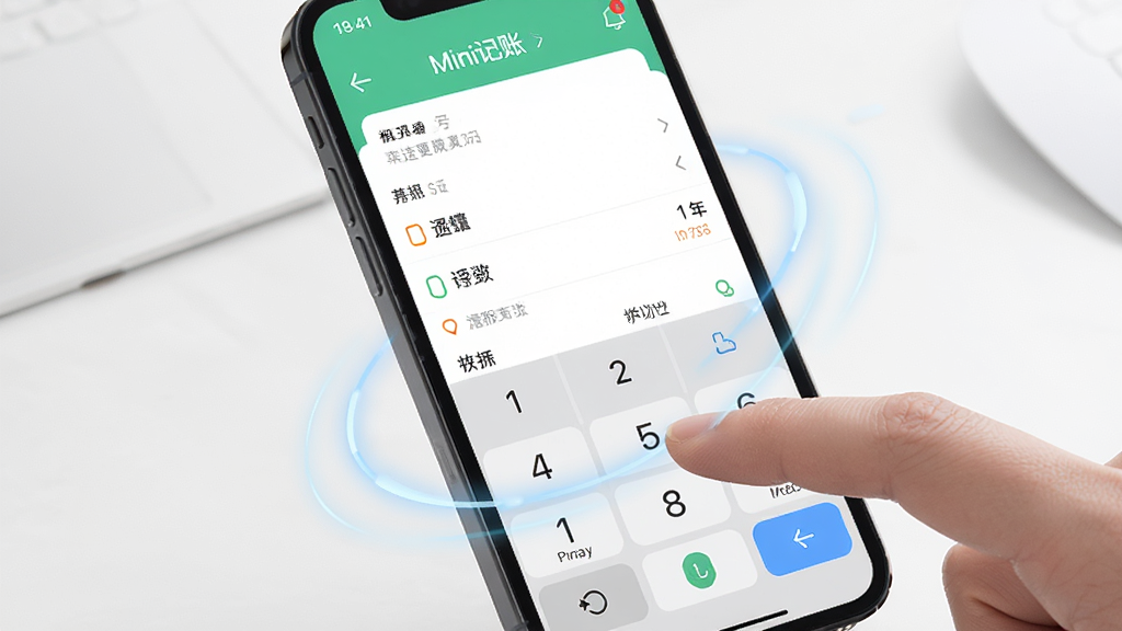 一部手机屏幕显示 Mini记账 的快速记账界面,手指正在点击屏幕上的数字键盘,周围有轻微的动效光晕,画面风格现代简洁,画质细腻,背景干净无杂物