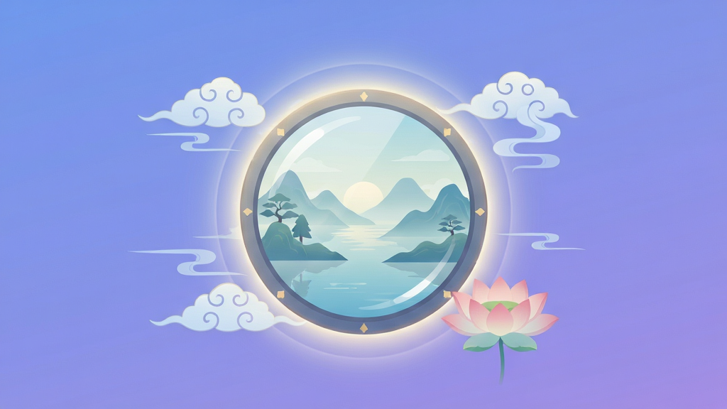 智慧明镜 手机应用界面展示 主屏幕中央放置一面散发柔和光芒的圆形古镜 镜面映出宁静的山水画面 周围环绕着轻盈的云纹与莲花元素 背景为淡雅的渐变蓝紫色调 整体布局简洁对称 风格为现代扁平化与东方禅意融合 细节包括镜面高光与细腻的光晕效果 画质清晰 干净 无多余元素