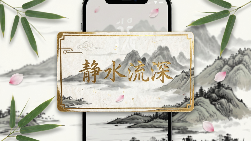 智慧明镜 每日语录卡片 手机屏幕中央显示一张精美的语录卡片 卡片上写着“静水流深”四个字 背景为水墨风格的山水画 卡片边缘有金色描边 周围散落着几片竹叶与花瓣 风格为文艺清新 细节包括纸张纹理与烫金效果 画质清晰 干净 无多余元素