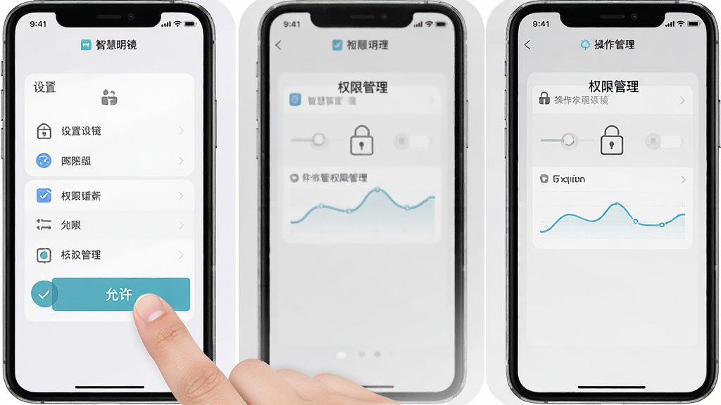 智慧明镜 操作示意图 手机屏幕显示设置菜单与权限管理界面 画面中有手指点击“允许”按钮的动作 背景为浅灰色 风格为简洁教程风 细节包括清晰的图标与文字标注 画质清晰 干净 无多余元素