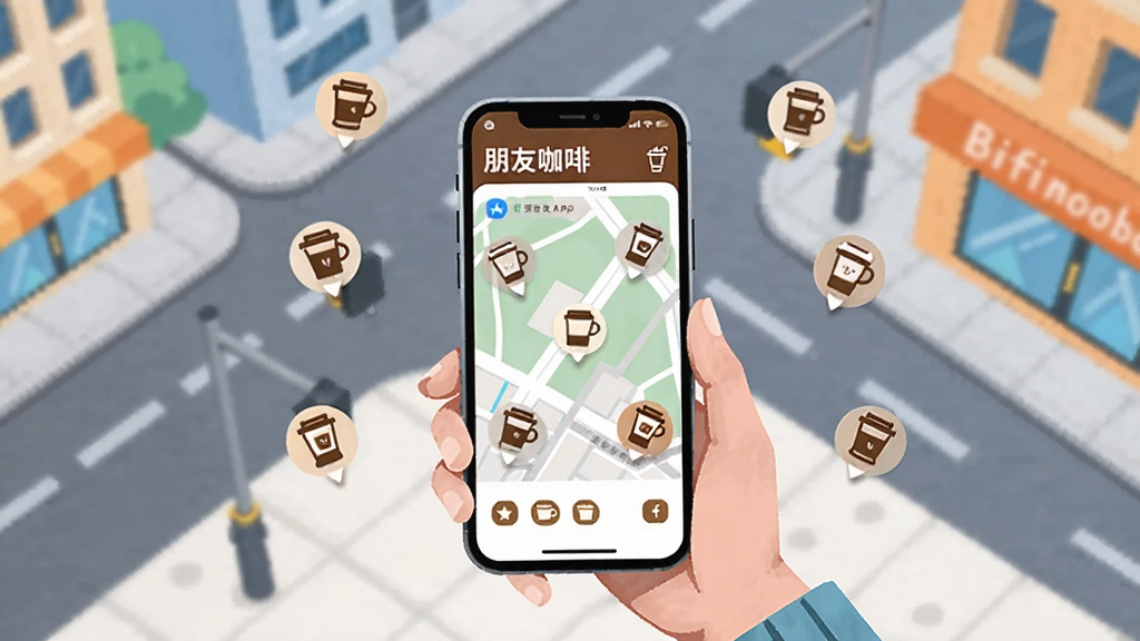 һλ����Ů���ֳ��ֻ�վ�ڳ��нֽǣ��ֻ���Ļ��ʾ���ѿ���APP�ĵ�ͼ���棬��Χ�����Ŷ�����ȱ�ͼ���ǣ�������ø�����ƽ�ӽ�ϵ��ӽǣ����Ϊ�����廭�磬ϸ�ڰ����ֻ������ϵġ����ѿ��ȡ��������ֵ��������������ȱ�ͼ�꣬�����������ɾ��޶���Ԫ��