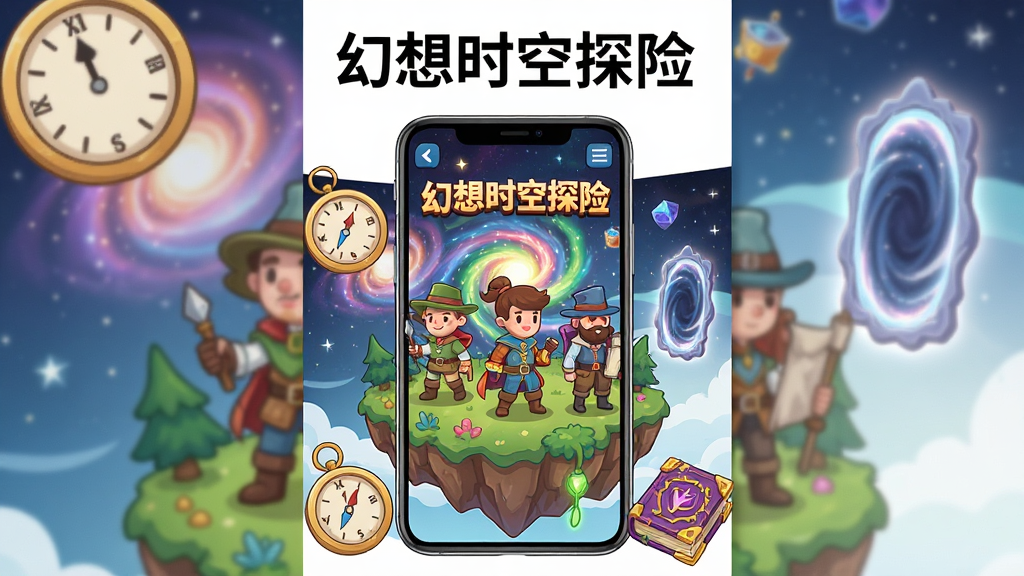 一幅奇幻冒险主题的插画,画面中央是一部智能手机,手机屏幕中展示着