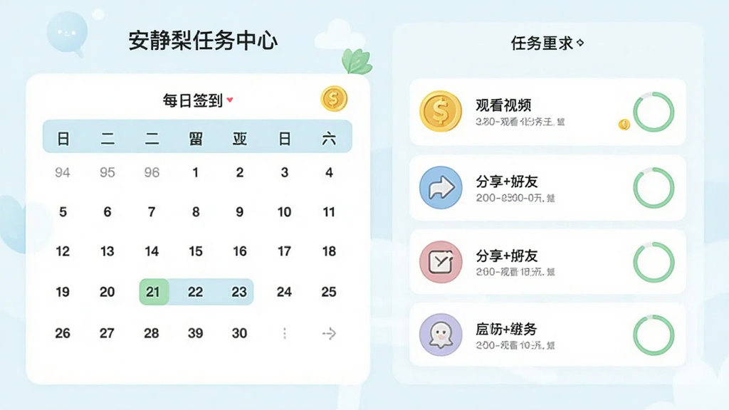 安静梨任务中心页面,画面展示每日签到日历和任务列表,任务包括观看视频、分享好友等图标,布局为上下结构,排版清晰,风格为清新浅色系,细节包含金币图标和进度环,画质高清,画面干净,无多余元素。