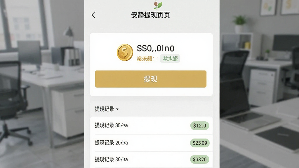 安静梨提现页面截图,画面展示金币余额和提现按钮,下方有提现记录列表,布局为上下结构,排版简洁,风格为浅色商务风,细节包含金币图标和状态标签,画质清晰,画面干净,无多余元素。