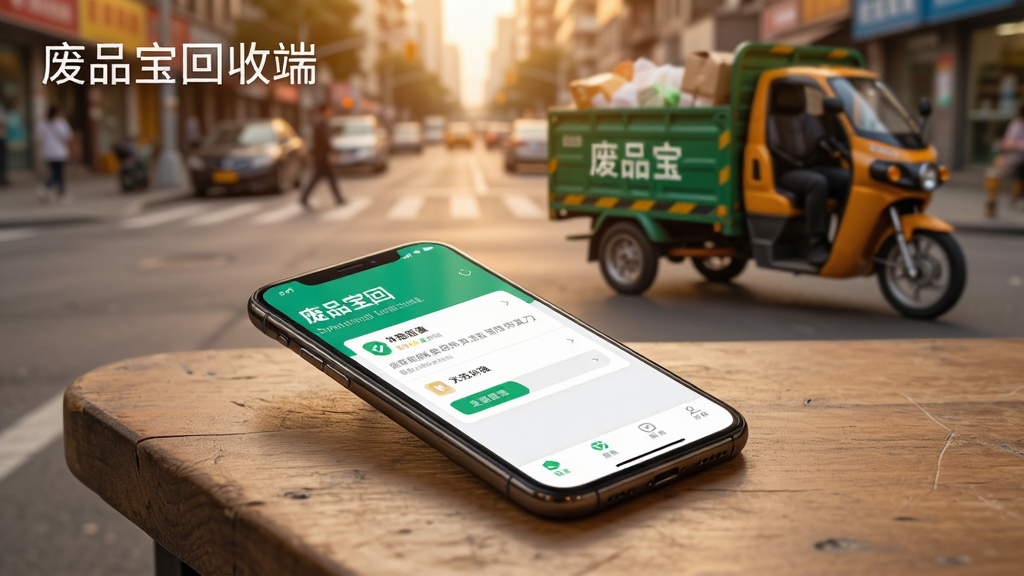 一部智能手机斜放在木质桌面上,屏幕亮起显示废品宝回收端的订单推送界面,背景是虚化的城市街道与回收三轮车轮廓,画面采用暖色调,主体突出手机屏幕内容,布局简洁大方,风格生活化且真实,细节丰富,画质清晰干净,无多余元素,图片中打文字“废品宝回收端”