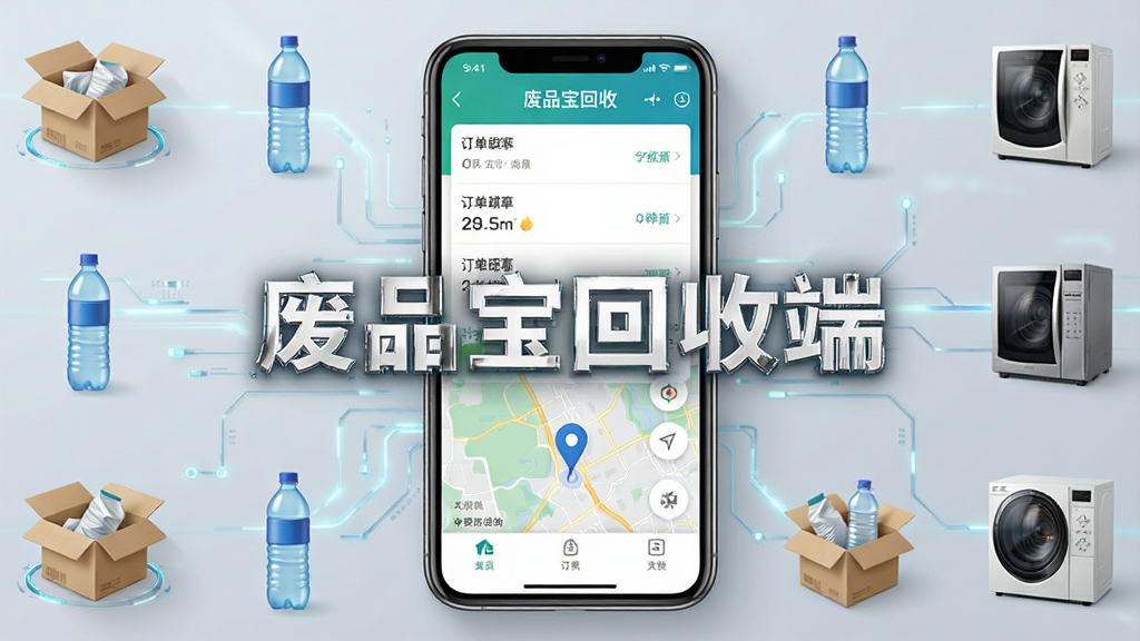 一张展示手机屏幕上运行废品宝回收端应用的界面截图,画面中央是手机正视图,屏幕内显示订单列表与地图导航模块,周围环绕废纸箱、塑料瓶、旧家电等回收物品的小图标作为装饰点缀,整体布局居中对称,风格写实且带有轻微科技感,细节清晰,画质干净,无多余元素,图片中打文字“废品宝回收端”