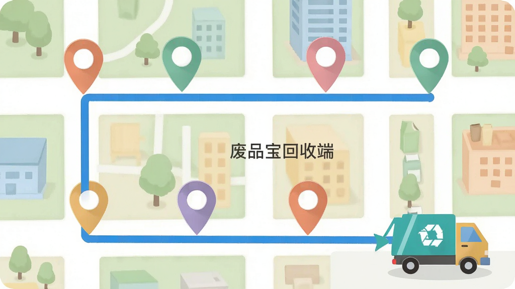 一幅俯视视角的城市街区地图插画,地图上标注多个彩色定位图钉代表回收订单点,一条蓝色导航路线将各点串联起来,画面右下角有一辆小型回收货车图标,整体布局清晰有序,风格扁平化矢量插画,色彩明亮柔和,细节干净,画质高清,无多余元素,图片中打文字“废品宝回收端”