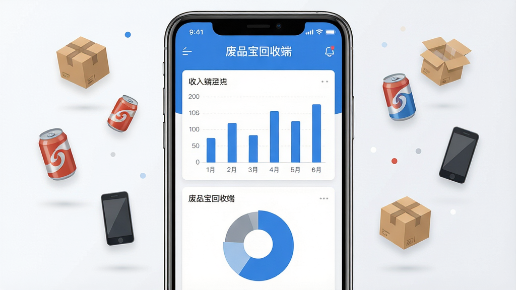 一张数据统计仪表盘界面展示图,画面中央是手机屏幕显示废品宝回收端的收入统计图表,包含柱状图与饼图,周围漂浮着纸箱、易拉罐、旧手机等小图标,整体布局对称均衡,风格现代简约商务,色调以蓝白灰为主,细节清晰,画质干净,无多余元素,图片中打文字“废品宝回收端”