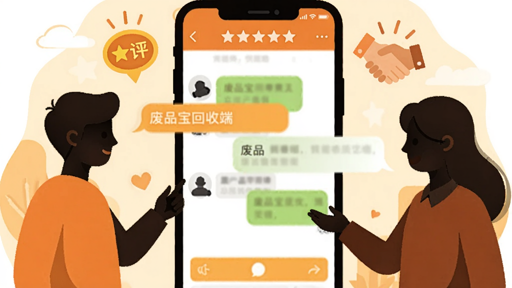 两个人物剪影在手机屏幕两侧进行对话的插画,中间是废品宝回收端的聊天界面气泡,背景有五星好评图标与握手符号,整体布局左右对称,风格温馨扁平化插画,色调温暖明亮,细节简洁,画质干净,无多余元素,图片中打文字“废品宝回收端”