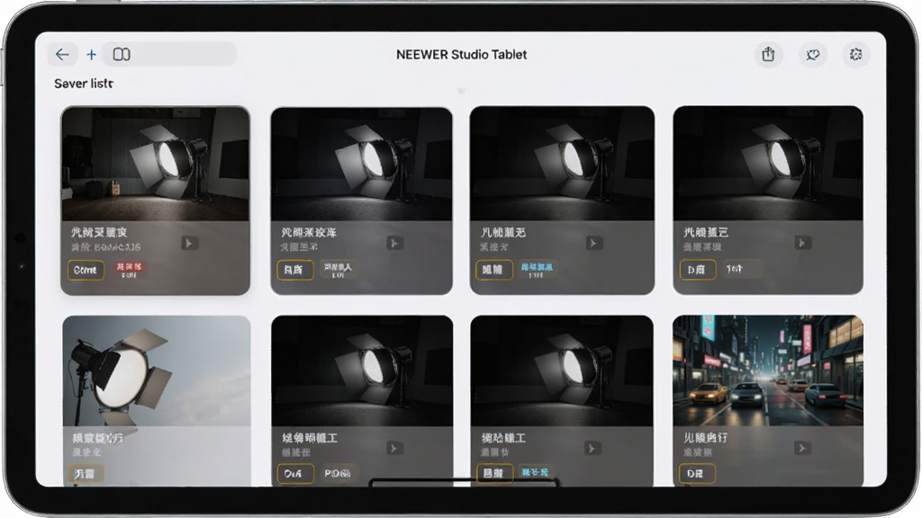主体为平板电脑显示NEEWER Studio Tablet的场景保存列表界面,界面中有多个命名好的场景卡片,布局为网格排列展示,风格为现代应用界面,细节包括每个场景卡片上的灯光缩略图和小型参数标签,画质高清,干净,无多余元素
