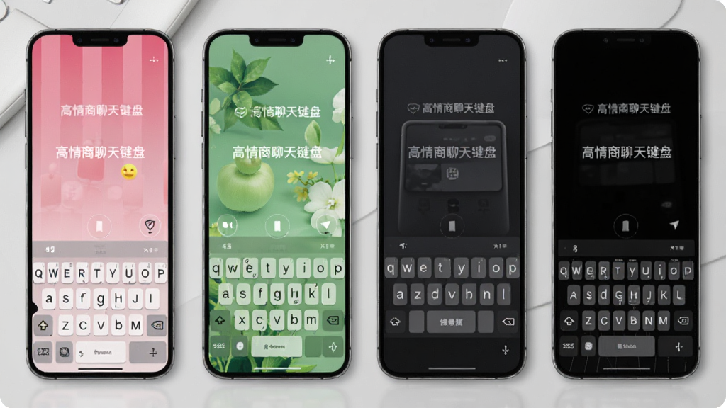 一张展示多款不同风格手机键盘皮肤并排摆放的图片,键盘上带有