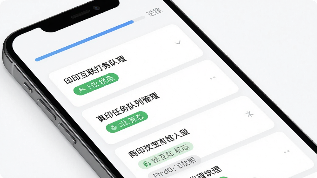 拍印互联打印任务队列管理界面,手机屏幕显示多个打印任务卡片纵向排列,每张卡片标注文件名与状态标签,顶部有进度条,背景为白色简洁风格,UI设计清爽,排版规整,细节到位,高清画质,干净无多余元素