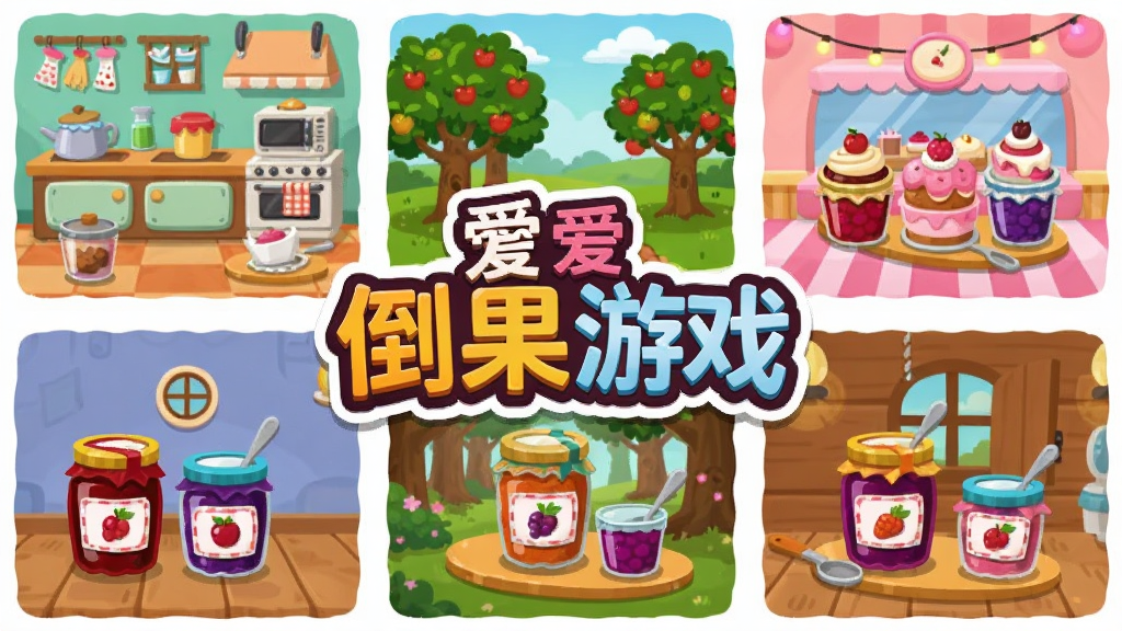 我爱倒果酱游戏宣传图,画面中展示多个不同主题的关卡缩略图排列成网格状,包括厨房、果园、甜品店等场景,每个缩略图中有对应的果酱瓶和容器,中央有醒目的游戏Logo,整体风格为扁平化卡通设计,色彩丰富和谐,画质清晰无多余元素