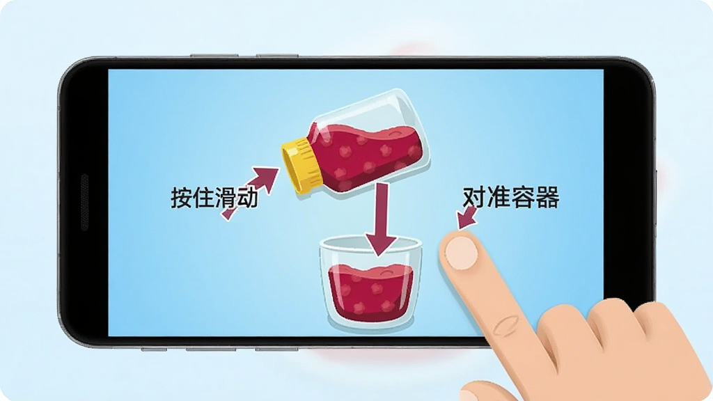 我爱倒果酱新手操作示意图,画面展示一部安卓手机屏幕,屏幕上显示游戏关卡界面,一只手指正在滑动果酱瓶,旁边有箭头标注“按住滑动”和“对准容器”,背景为淡蓝色渐变,风格简洁清晰,画质干净无多余元素