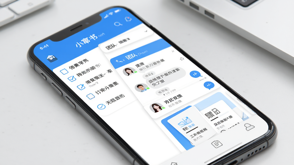 一张手机屏幕展示小幂书应用主界面,界面中包含待办事项列表、团队聊天窗口和文档预览卡片,整体布局清晰,采用蓝白配色风格,背景为简洁的办公桌面,画质干净高清,无多余元素
