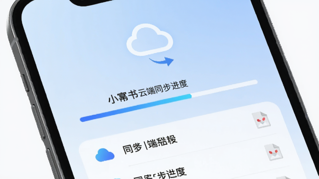 手机屏幕显示小幂书云端同步进度条与文件列表,上方有云朵图标和同步箭头,背景为淡蓝色渐变,风格极简科技感,画面干净无杂乱元素,突出数据同步的流畅感