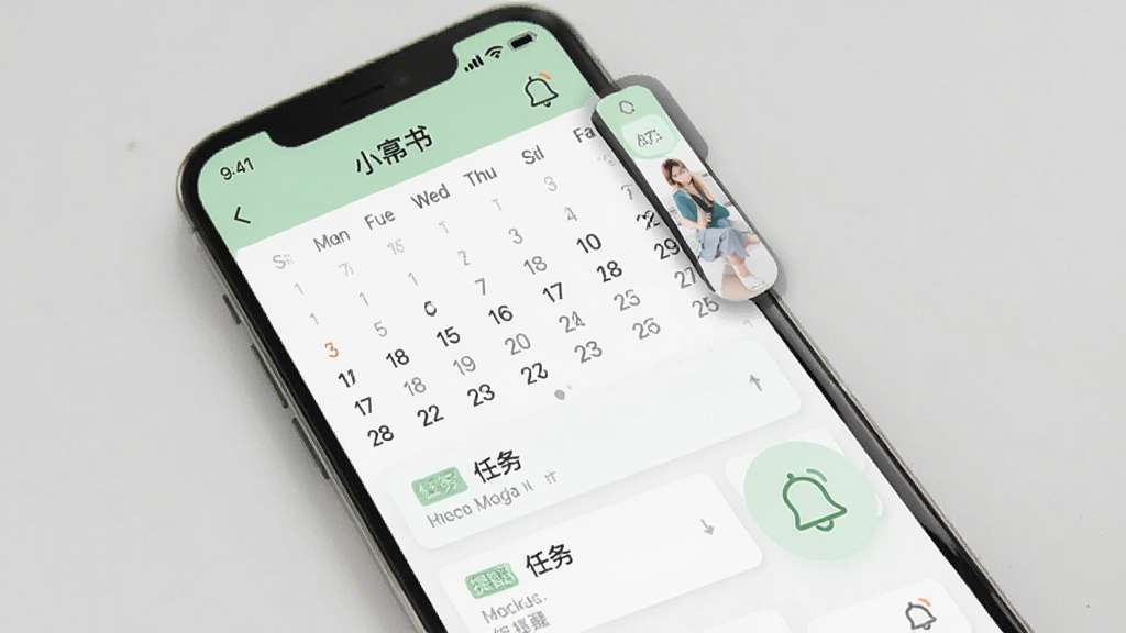 手机界面展示小幂书日程管理页面,包含日历视图、任务卡片和提醒铃铛图标,配色以浅绿和白色为主,布局规整,风格清爽,画面简洁无多余装饰