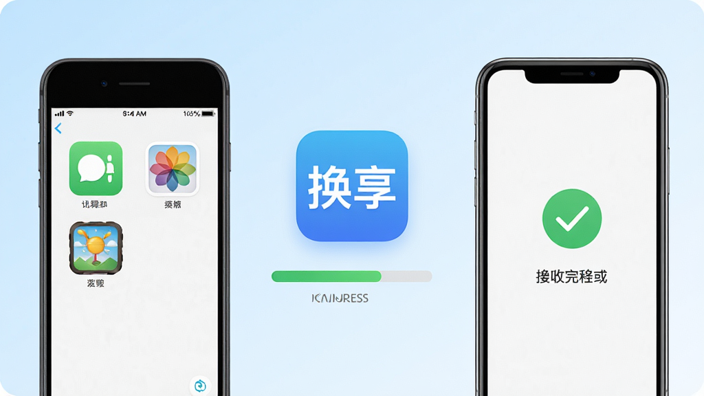 一张展示两部智能手机通过换享APP进行数据迁移的场景图,画面中央是换享的软件图标和传输进度条,左侧旧手机屏幕显示通讯录和照片图标,右侧新手机屏幕显示接收完成的对勾,背景是简洁的浅蓝色渐变,整体风格干净清爽,画质清晰,无多余元素