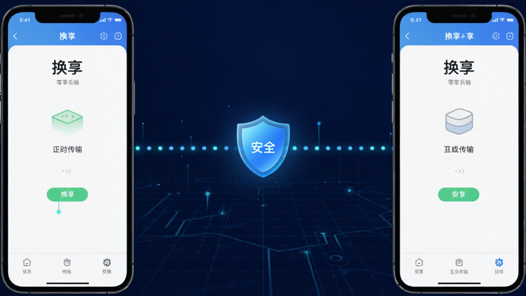 换享APP零流量传输功能展示图,画面中两部手机之间用一条发光的虚线连接,虚线中间有一个盾牌图标代表安全,手机屏幕分别显示换享的传输界面,背景是深蓝色科技感网格,风格简洁现代,画质干净