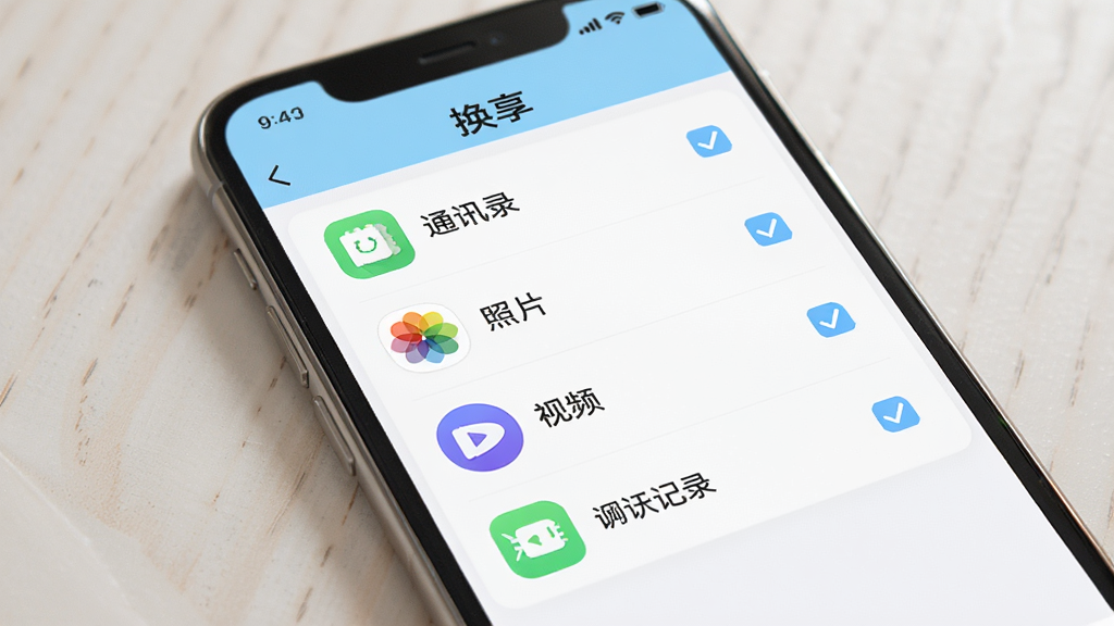 换享APP数据分类选择界面展示图,画面中手机屏幕显示换享的传输内容勾选列表,包含通讯录、照片、视频、聊天记录等图标,每个图标旁边有勾选框,界面排版整齐,风格清新浅色,画质清晰,无多余元素