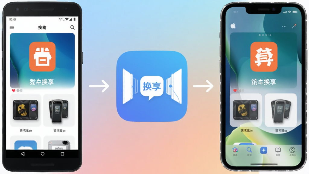 换享APP跨平台传输示意图,画面中左侧是安卓手机右侧是苹果手机,中间是换享的传输桥梁图标,两部手机屏幕都显示换享界面,背景是柔和的渐变色,风格简约商务,画质清晰