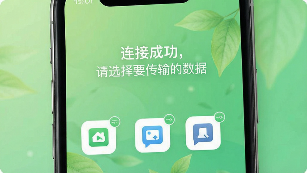 换享APP传输连接成功界面展示图,画面中手机屏幕显示“连接成功,请选择要传输的数据”字样,下方是各类数据图标,背景是柔和的绿色渐变,风格清新自然,画质清晰干净