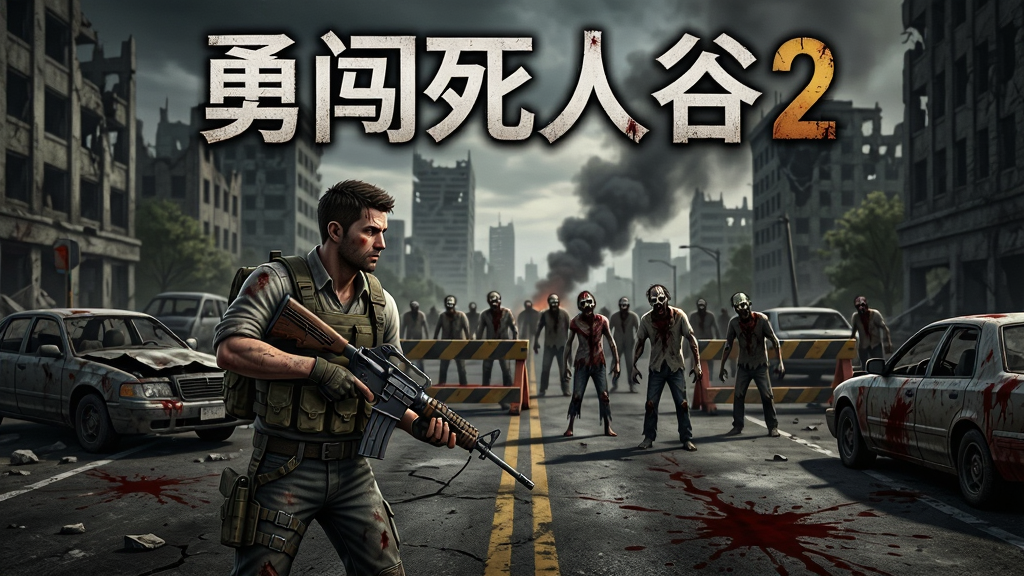 勇闯死人谷2游戏主界面截图,主体为一名持枪幸存者站在废弃公路中央,背景是破败的城市废墟和成群逼近的丧尸,布局采用横版构图人物居中偏左,排版突出游戏名称“勇闯死人谷2”在画面顶部,风格为暗黑末日写实风,细节包括破损车辆、路障、血迹、远处浓烟,画质高清,干净,无多余元素
