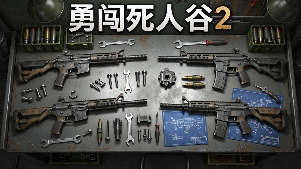 勇闯死人谷2武器改装界面,主体为工作台上摆放多把枪械和零件,布局采用俯视视角,排版将“勇闯死人谷2”作为屏幕顶部标题,风格为军事工业风,细节包括扳手、螺丝、弹药盒、改装图纸,画质高清,干净,无多余元素