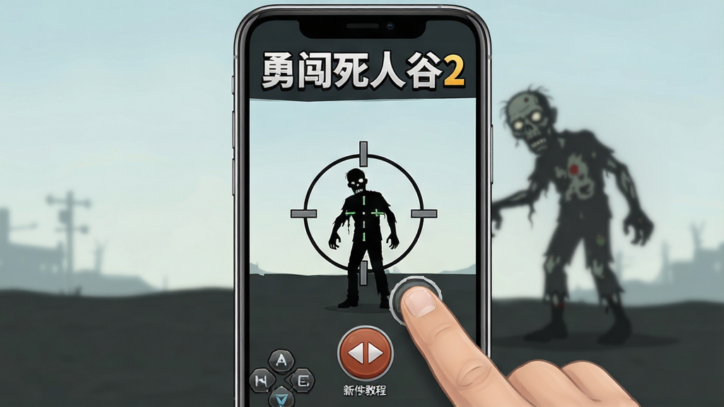 勇闯死人谷2新手教程界面,主体为手指点击屏幕瞄准丧尸的示意图,布局采用手机屏幕竖版,排版将“勇闯死人谷2”放在画面顶部,风格为简洁教程风,细节包括准星、丧尸轮廓、操作按钮提示,画质高清,干净,无多余元素