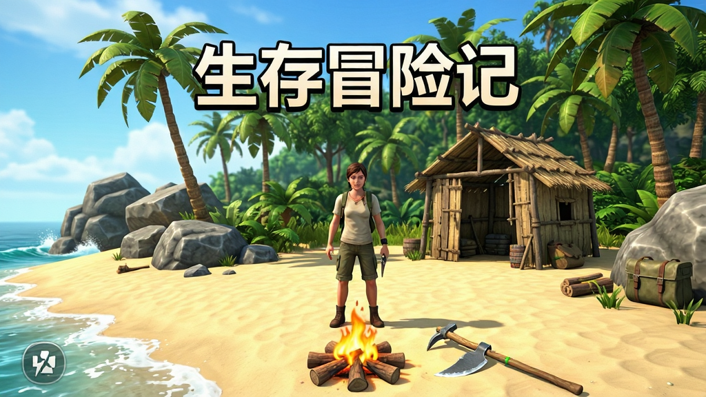 生存冒险记游戏主界面,一名幸存者站在热带荒岛沙滩上,身后是茂密丛林与简易庇护所,前景有篝火与采集工具,画面明亮写实,手机游戏截图风格,布局居中,排版突出游戏名称“生存冒险记”,细节包含椰子树、岩石、海浪,画质高清,干净,无多余元素