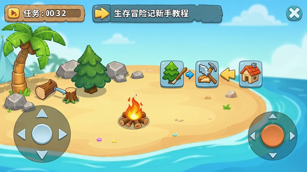 生存冒险记新手教程界面,画面展示沙滩营地与操作提示箭头,包含砍树、采集、建造图标,风格清新卡通,布局上方为任务提示,下方为虚拟摇杆,细节有椰子树、石头、篝火,画质明亮,干净,无多余元素