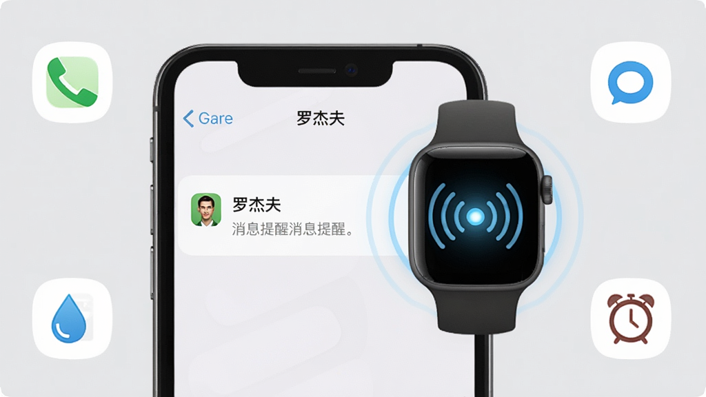 手机屏幕显示“罗杰夫”消息提醒设置页面,旁边智能手表震动波纹图标亮起,画面中有电话、短信、水滴、闹钟四个小图标环绕,背景为浅灰色,整体风格简洁商务,画质干净,无多余元素