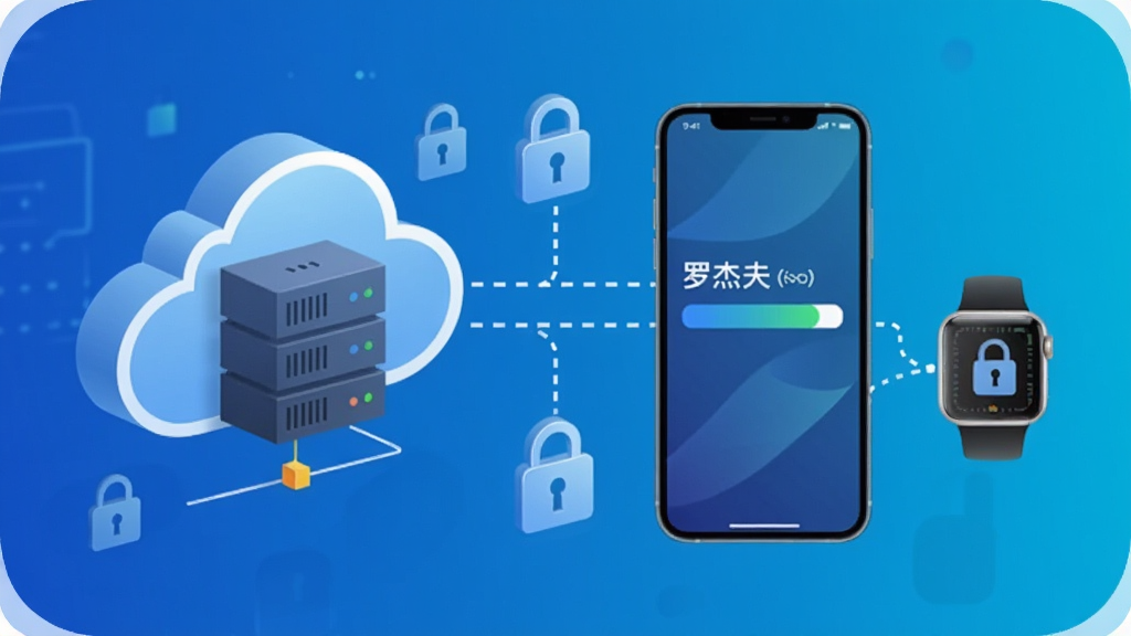 云端服务器图标与手机、手表通过虚线连接,手机屏幕显示“罗杰夫”数据同步进度条,背景为科技蓝渐变,画面中有锁形安全图标,整体风格现代科技,画质干净,无多余元素