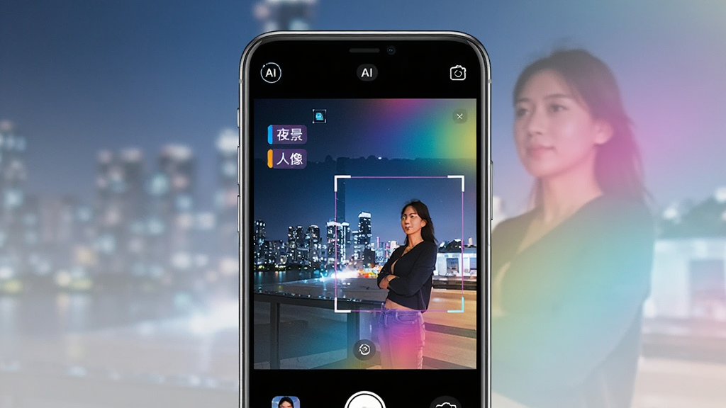一张展示Lumyx AI智能场景识别功能的AI生图,主体是一部手机屏幕中显示着夜景照片被自动识别并添加了绚丽滤镜的过程,布局为居中特写,排版为竖版手机界面展示,风格为科技感与梦幻光影结合,细节包括屏幕上的AI识别框、场景标签文字“夜景”“人像”以及色彩渐变效果,画质为高清,画面干净,无多余元素。
